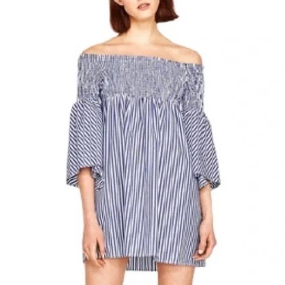 SOLD Zara babydoll Mini Dress flare bell sleeves Striped Off Shoulder Smocked XS - Picture 3 of 9